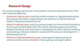 Research Design
The research design carried out in three phases and each dedicated to one of the
main research objectives:
1. Contextual inquiry cycle, involving content analysis on regulative documents,
focus group interviews using personas and scenarios to identify the local
needs in vocational education on ICT
2. Domain modeling cycle, involving content analysis on international standards
for ICT qualifications (ACM, IEEE, IFIP, EUCIP), identifying gaps and conflicts
between standards and local needs in developing countries, domain modeling
and building a reference model for vocational ICT curriculum development in
developing countries
3. Reference model development cycle, involving participatory design of
reference model and its validation in focus groups and expert panels
 