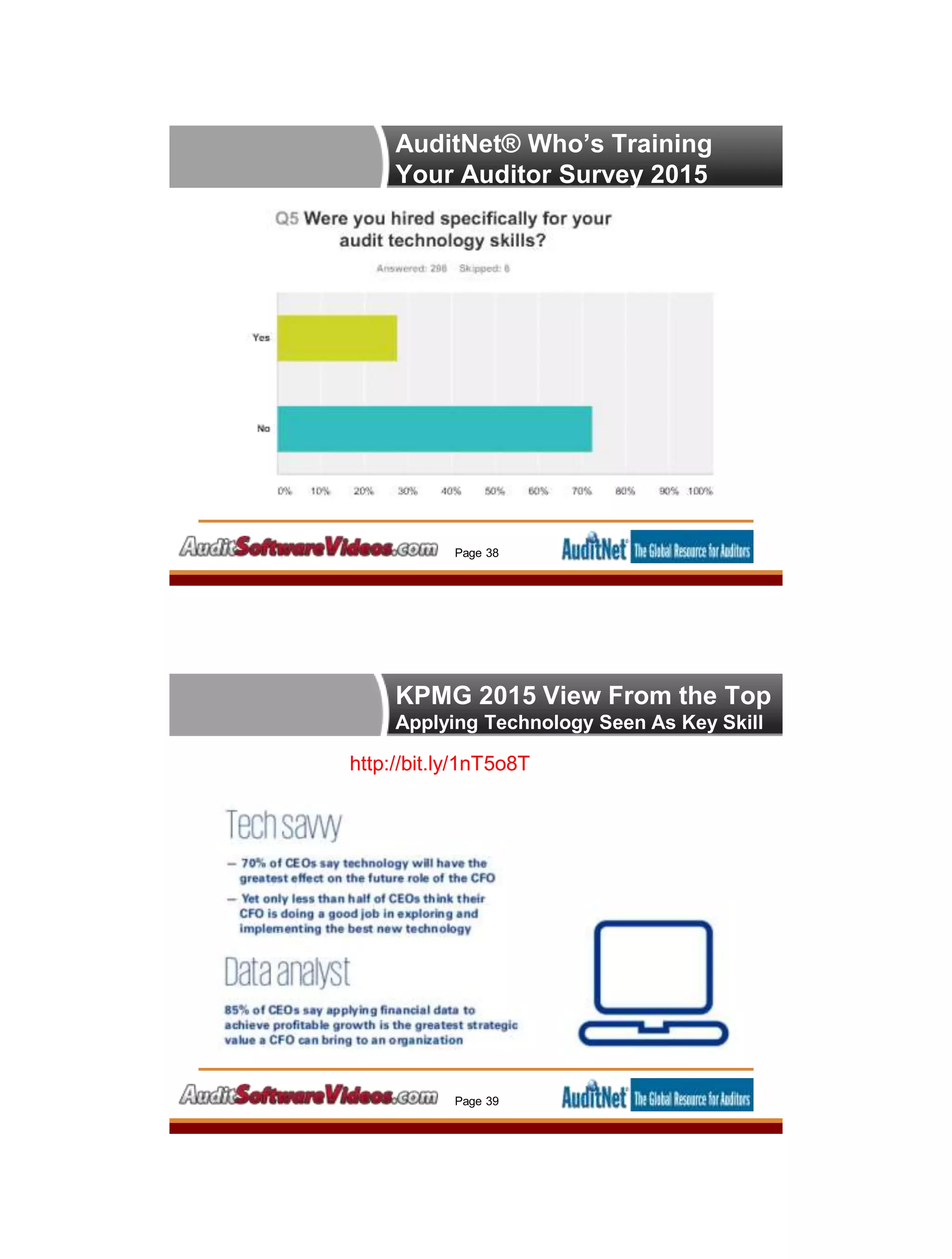 AuditNet® Who’s Training
Your Auditor Survey 2015
Page 38
KPMG 2015 View From the Top
Applying Technology Seen As Key Skill
Page 39
http://bit.ly/1nT5o8T
 