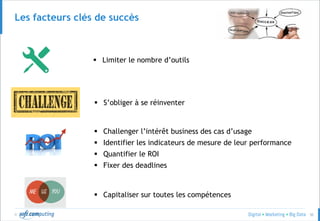 © 50
Les facteurs clés de succès
 Limiter le nombre d’outils
 S’obliger à se réinventer
 Capitaliser sur toutes les compétences
 Challenger l’intérêt business des cas d’usage
 Identifier les indicateurs de mesure de leur performance
 Quantifier le ROI
 Fixer des deadlines
 