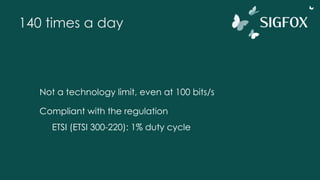 140 times a day
Not a technology limit, even at 100 bits/s
Compliant with the regulation
ETSI (ETSI 300-220): 1% duty cycle
 