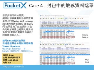 2016/3/7
Case 4 : еY
춶NҪ,
W·}ubc
λ, Syslog, VoIP message
(SIPԒ̖a) DB Query
(ֻǞЧ{)
ȵYӍҲعo
䌍KҪ@ЩYӍ
bcˡ
ՈGRISMֵ
߅C̖aİ
Taiwan ID pattern:
b[a-zA-Z][1-2]{1}[0-9]{8 ?
Example: H123456789 , F129134567
Original
Packets
After
Mask
DEMO Show
} Y
rg 16:40-17:00
c 103
 