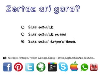 Zertaz ari gara?
Sare sozialak
Sare sozialak on-line
Sare sozial korporatiboak
Facebook, Pinterest, Twitter, Evernote, Google+, Skype, Apple, WhatsApp, YouTube...
 