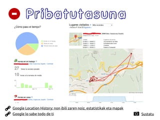 Pribatutasuna
Google Location History: non ibili zaren noiz, estatistikak eta mapak
Sustatu
Google lo sabe todo de ti
 