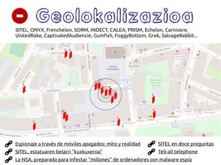 Tell-all telephone
Geolokalizazioa
SITEL, estatuaren belarri "kuxkuxeroa"
SITEL en doce preguntas
SITEL, ONYX, Frenchelon, SORM, INDECT, CALEA, PRISM, Echelon, Carnivore,
UnitedRake, CaptivatedAudiencie, Gumfish, FoggyBottom, Grok, SalvageRabbit...
Espionaje a través de móviles apagados: mito y realidad
La NSA, preparada para infectar “millones” de ordenadores con malware espía
 