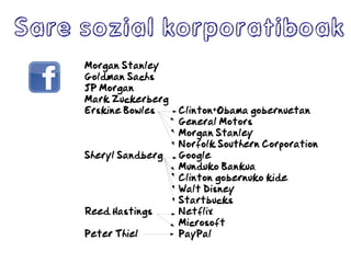 Morgan Stanley
Goldman Sachs
JP Morgan
Mark Zuckerberg
Erskine Bowles Clinton+Obama gobernuetan
General Motors
Morgan Stanley
Norfolk Southern Corporation
Sheryl Sandberg Google
Munduko Bankua
Clinton gobernuko kide
Walt Disney
Startbucks
Reed Hastings Netflix
Microsoft
Peter Thiel PayPal
Sare sozial korporatiboak
 