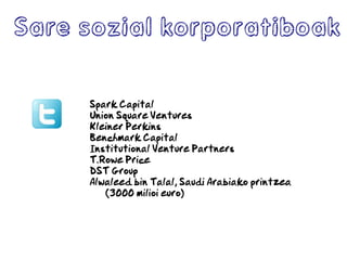 Spark Capital
Union Square Ventures
Kleiner Perkins
Benchmark Capital
Institutional Venture Partners
T.Rowe Price
DST Group
Alwaleed bin Talal, Saudi Arabiako printzea
(3000 milioi euro)
Sare sozial korporatiboak
 
