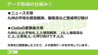 データ取得の仕組み②
■ニュース文章
九州の平地も積雪観測、暴風雪など警戒呼び掛け
■Clalisの変換後文章
九州の,0,0;平地も,2,3;積雪観測、,10,1;暴風雪な
ど,3,-3;警戒,5,-3;呼び掛けです,0,0;
文章を口調変換したうえで、メタ感情データを付与しています。
 
