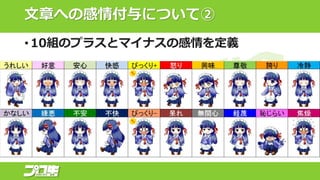 文章への感情付与について②
• 10組のプラスとマイナスの感情を定義
 