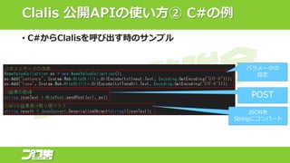 Clalis 公開APIの使い方② C#の例
パラメータの
設定
POST
JSONを
Stringにコンバート
• C#からClalisを呼び出す時のサンプル
 
