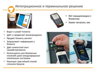 Интеграционное и терминальное решение
• Видит и узнаёт Клиента
• Даёт и продвигает вознаграждения
• Продаёт Клиенту контент
• Запрашивает информацию у
Клиента
• Даёт клиентский опыт
самообслуживания
• Используются для безопасных
платежей даже международными
платёжными системами
• Реализует простейший способ
списания бонусов
• Нет коммуникации с
Клиентом
• Умеет печатать чек
 