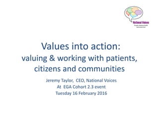 Values into action:
valuing & working with patients,
citizens and communities
Jeremy Taylor, CEO, National Voices
At EGA Cohort 2.3 event
Tuesday 16 February 2016
 