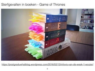 https://postgraduwhatblog.wordpress.com/2016/02/13/infovis-van-de-week-1-wouter/
Sterfgevallen in boeken - Game of Thrones
6
 