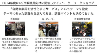 2014年度にenPit教職員向けに開催したイノベーターワークショップ
「自動車業界を活性化するサービス」というテーマを設定 
テーマにそった調査先を選んでおき、調査ポイントも決めておいた
自転車屋店員を師匠と据え
てどのようなお客に対して
販売・修理をどのように行っ
ているのか調査する
カーディーラー店営業担当
の社員を師匠と据えてショー
ルームや整備場でどのよう
に営業しているのか調査す
る
レーシングカーのチューニ
ング店工場長を師匠と据え
てどのようなレースのため
にどのように整備している
のか調査する
自転車屋 カーディーラー 自動車整備工場
 