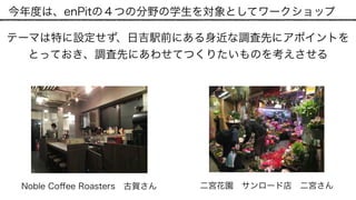 今年度は、enPitの４つの分野の学生を対象としてワークショップ
テーマは特に設定せず、日吉駅前にある身近な調査先にアポイントを
とっておき、調査先にあわせてつくりたいものを考えさせる
二宮花園 サンロード店 二宮さん   Noble Coﬀee Roasters 古賀さん   
 