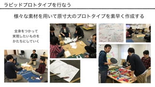 ラピッドプロトタイプを行なう
様々な素材を用いて原寸大のプロトタイプを素早く作成する
全身をつかって
実現したいものを
かたちにしていく
 