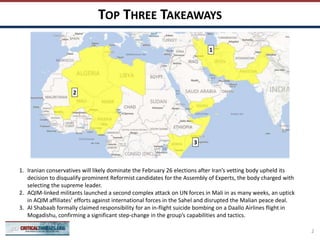 TOP THREE TAKEAWAYS
2
1
3
1. Iranian conservatives will likely dominate the February 26 elections after Iran’s vetting body upheld its
decision to disqualify prominent Reformist candidates for the Assembly of Experts, the body charged with
selecting the supreme leader.
2. AQIM-linked militants launched a second complex attack on UN forces in Mali in as many weeks, an uptick
in AQIM affiliates’ efforts against international forces in the Sahel and disrupted the Malian peace deal.
3. Al Shabaab formally claimed responsibility for an in-flight suicide bombing on a Daallo Airlines flight in
Mogadishu, confirming a significant step-change in the group’s capabilities and tactics.
2
 