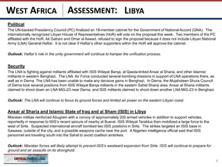 ASSESSMENT:
Political
The UN-backed Presidency Council (PC) finalized an 18-member cabinet for the Government of National Accord (GNA). The
internationally recognized Libyan House of Representatives (HoR) will vote on the proposal this week. Two members of the PC
affiliated with the HoR, Ali Gatrani and Omar al Aswad, refused to sign the proposal because it does not include Libyan National
Army (LNA) General Haftar. It is not clear if Haftar’s other supporters within the HoR will approve the cabinet.
Outlook: Haftar’s role in the unity government will continue to hamper the unification process.
Security
The LNA is fighting against militants affiliated with ISIS Wilayat Barqa, al Qaeda-linked Ansar al Sharia, and other Islamist
militants in western Benghazi. The LNA Air Force conducted several bombing missions in support of LNA operations there, as
well as in Derna. The LNA has been unable to make any decisive gains in Benghazi. In Derna, the Mujahideen Shura Council
of Derna took several positions from ISIS Wilayat Barqa militants in the eastern Sahel Sharqi area. Ansar al Sharia militants
claimed to shoot down an LNA MiG-23 near Derna, and ISIS militants claimed to shoot down another LNA MiG-23 in Benghazi.
Outlook: The LNA will continue to focus its ground forces and limited air power on the eastern Libyan coast.
Ansar al Sharia and Islamic State of Iraq and al Sham (ISIS) in Libya
Misratan militias reinforced Abugrein with a convoy of approximately 200 armed vehicles in addition to support vehicles,
reportedly in response to ISIS’s recent seizure of nearby al Buerat. ISIS Wilayat Tarablus then mobilized a large force to the
west of Sirte. Suspected international aircraft bombed two ISIS positions in Sirte. The strikes targeted an ISIS base in
Sawawa, outside of the city, and a possible weapons cache near the port. A Nigerien intelligence official said that ISIS
personnel are traveling south into the Sahel to avoid coalition airstrikes.
Outlook: Misratan forces will likely attempt to prevent ISIS’s westward expansion from Sirte. ISIS will continue to prepare for
ground and air assaults on its stronghold.
8
LIBYAWEST AFRICA
 