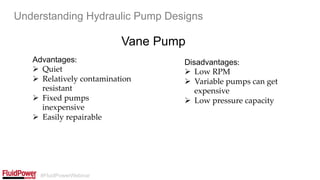 #FluidPowerWebinar
Vane Pump
Understanding Hydraulic Pump Designs
Advantages:	
Ø  Quiet	
Ø  Relatively contamination
resistant	
Ø  Fixed pumps
inexpensive	
Ø  Easily repairable	
Disadvantages:	
Ø  Low RPM	
Ø  Variable pumps can get
expensive	
Ø  Low pressure capacity	
 