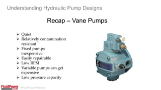 #FluidPowerWebinar
Recap – Vane Pumps
Understanding Hydraulic Pump Designs
Ø  Quiet	
Ø  Relatively contamination
resistant	
Ø  Fixed pumps
inexpensive	
Ø  Easily repairable	
Ø  Low RPM	
Ø  Variable pumps can get
expensive	
Ø  Low pressure capacity	
	
 