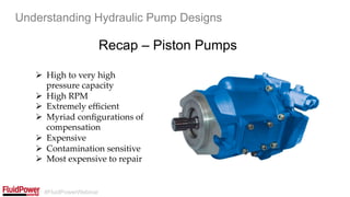 #FluidPowerWebinar
Recap – Piston Pumps
Understanding Hydraulic Pump Designs
Ø  High to very high
pressure capacity	
Ø  High RPM	
Ø  Extremely eﬃcient	
Ø  Myriad conﬁgurations of
compensation	
Ø  Expensive	
Ø  Contamination sensitive	
Ø  Most expensive to repair	
 