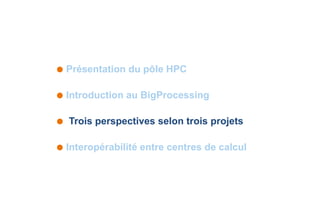  Présentation du pôle HPC
 Introduction au BigProcessing
 Trois perspectives selon trois projets
 Interopérabilité entre centres de calcul
 