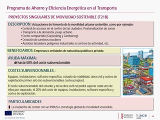 13
PROYECTOS SINGULARES DE MOVILIDAD SOSTENIBLE (T21B)
DESCRIPCIÓN: Actuaciones de fomento de la movilidad urbana sostenib...