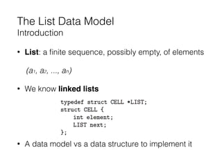 The List Data Model
Introduction
• List: a ﬁnite sequence, possibly empty, of elements
(a1, a2, ..., an)
• We know linked ...