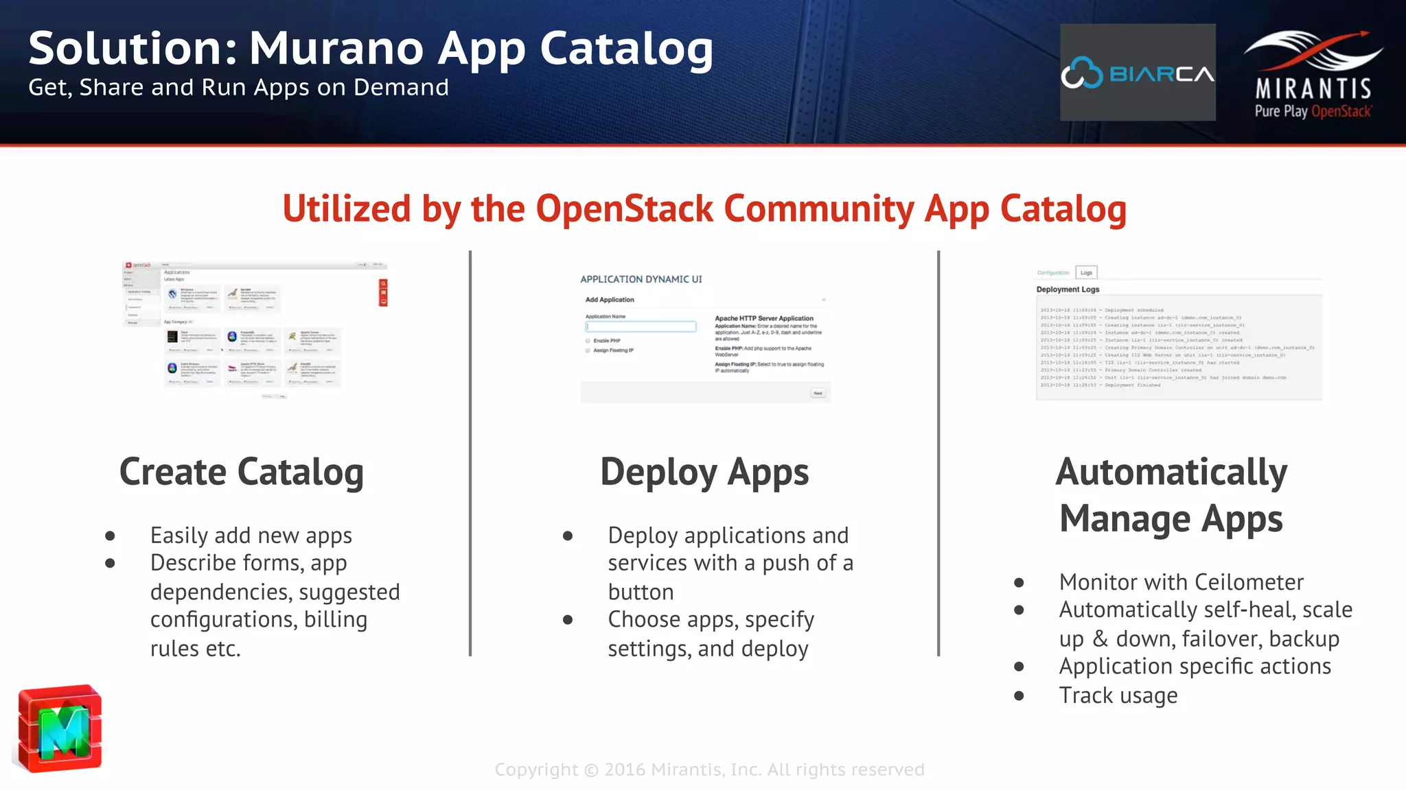 Copyright © 2016 Mirantis, Inc. All rights reserved
Solution: Murano App Catalog
Get, Share and Run Apps on Demand
Create Catalog
●  Easily add new apps
●  Describe forms, app
dependencies, suggested
conﬁgurations, billing
rules etc.
Deploy Apps
●  Deploy applications and
services with a push of a
button
●  Choose apps, specify
settings, and deploy
Automatically
Manage Apps
●  Monitor with Ceilometer
●  Automatically self-heal, scale
up & down, failover, backup
●  Application speciﬁc actions
●  Track usage
Utilized by the OpenStack Community App Catalog
 