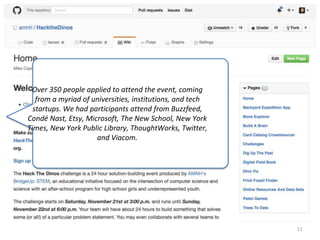 11
Over 350 people applied to attend the event, coming
from a myriad of universities, institutions, and tech
startups. We had participants attend from Buzzfeed,
Condé Nast, Etsy, Microsoft, The New School, New York
Times, New York Public Library, ThoughtWorks, Twitter,
and Viacom.
 