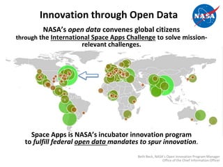 Innovation through Open Data
NASA’s open data convenes global citizens
through the International Space Apps Challenge to solve mission-
relevant challenges.
Space Apps is NASA’s incubator innovation program
to fulfill federal open data mandates to spur innovation.
Beth Beck, NASA’s Open Innovation Program Manager
Office of the Chief Information Officer
 