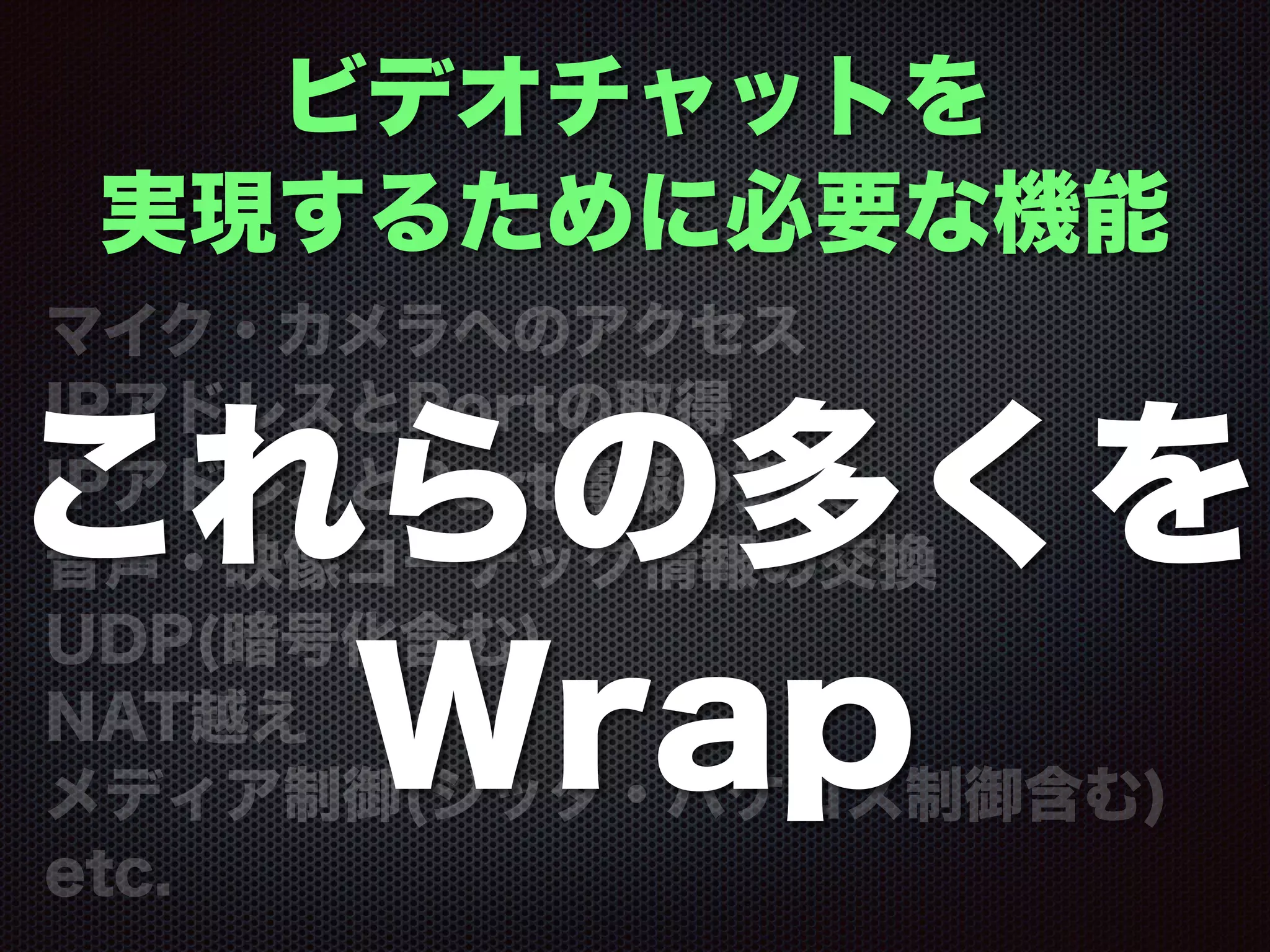 ビデオチャットを
実現するために必要な機能
マイク・カメラへのアクセス
IPアドレスとPortの取得
IPアドレスとPort情報の交換
音声・映像コーデック情報の交換
UDP(暗号化含む)
NAT越え
メディア制御(ジッタ・パケロス制御含む)
etc.
これらの多くを
Wrap
 