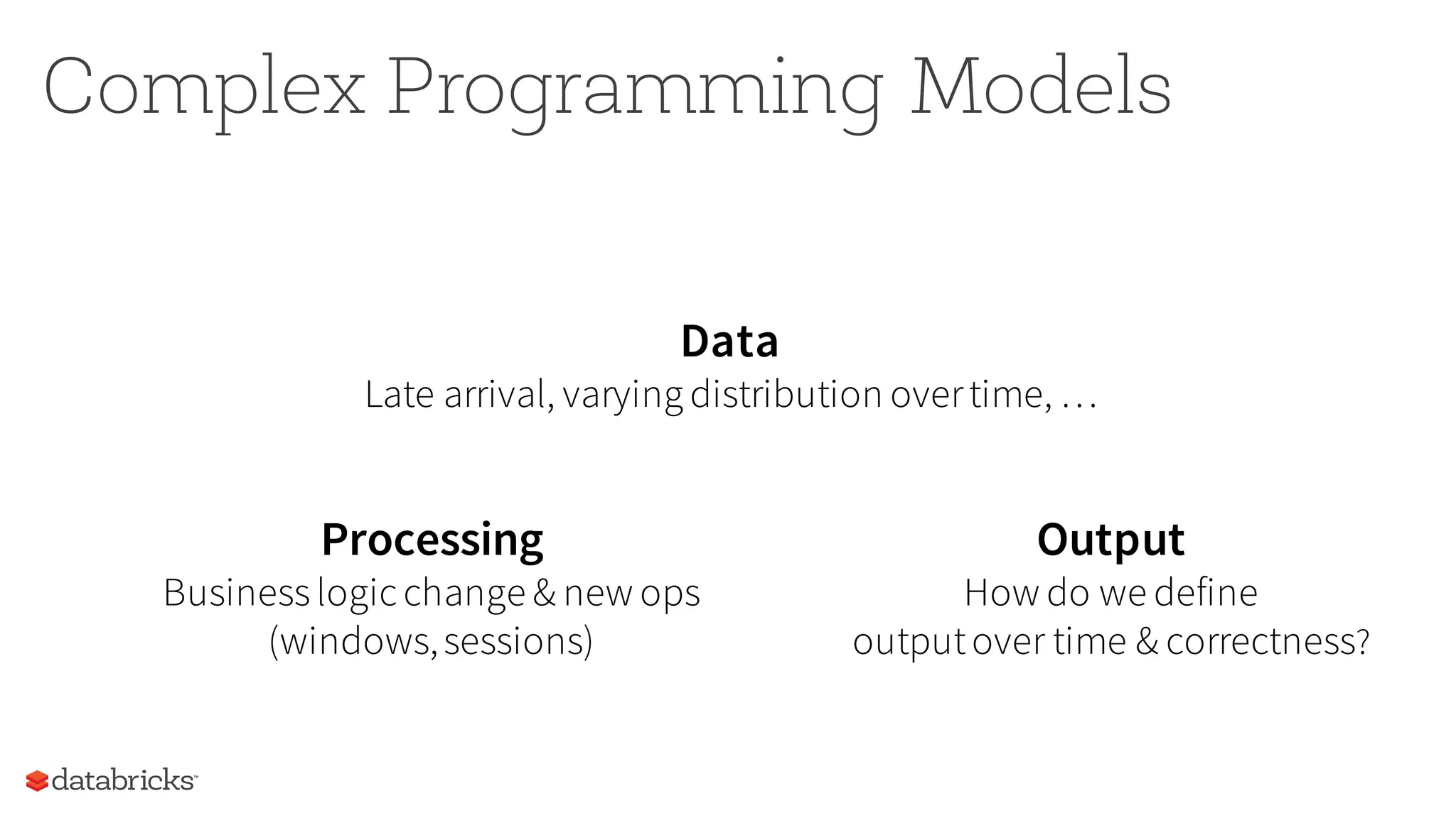 Processing
Businesslogic change & new ops
(windows,sessions)
Complex Programming Models
Output
How do we define
outputover time & correctness?
Data
Late arrival, varying distribution overtime, …
 