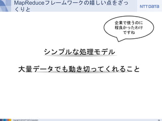 Copyright © 2016 NTT DATA Corporation
MapReduceフレームワークの嬉しい点をざっくりと
シンプルな処理モデル
大量データでも動き切ってくれること
企業で使うのに
程良かったわけ
ですね
 