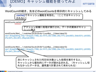 Copyright © 2016 NTT DATA Corporation
【DEMO】キャッシュ機能を使ってみよう
wordCounts.cache()
wordCounts.filter(_._1.matches("[a-zA-Z0-9]+")).sortBy(_._2,false).take(10)
res1: Array[(String, Int)] = Array((in,1766), (to,1417), (for,1298), (the,777), (and,663), (Add,631),
(of,630), (Fix,547), (Xin,491), (Reynold,490))
wordCounts.filter(_._1.matches("[a-zA-Z0-9]+")).sortBy(_._2,false).take(10)
res1: Array[(String, Int)] = Array((in,1766), (to,1417), (for,1298), (the,777), (and,663), (Add,631),
(of,630), (Fix,547), (Xin,491), (Reynold,490))
.cache()でキャッシュ機能を有効化。（ここではキャッシュされない）
アクション契機に処理が実行され、データの実体がキャッシュに残る
WordCountの続き。先ほどのwordCountsを明示的にキャッシュしてみる
次にキャッシュされたRDDを対象とした処理を実行すると、キャッシュから
優先的にデータが読み込まれる。（キャッシュし切れなかったデータは、通
常通り計算されて求められる）
 