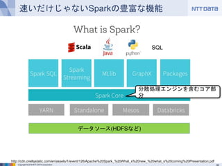 Copyright © 2016 NTT DATA Corporation
データソース(HDFSなど)
速いだけじゃないSparkの豊富な機能
http://cdn.oreillystatic.com/en/assets/1/event/126/Apache%20Spark_%20What_s%20new_%20what_s%20coming%20Presentation.pdf
SQL
分散処理エンジンを含むコア部分
 
