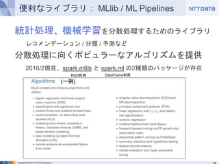 Copyright © 2016 NTT DATA Corporation
便利なライブラリ： MLlib / ML Pipelines
統計処理、機械学習を分散処理するためのライブラリ
レコメンデーション / 分類 / 予測など
分散処理に向くポピュラーなアルゴリズムを提供
2016/2現在、spark.mllib と spark.ml の2種類のパッケージが存在
(一例)
RDD利用 DataFrame利用
 