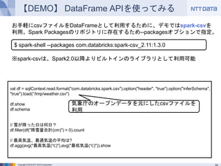 Copyright © 2016 NTT DATA Corporation
お手軽にcsvファイルをDataFrameとして利用するために、デモではspark-csvを利用。
Spark Packagesのリポジトリに存在するため--packagesオプションで指定。
※spark-csvは、Spark2.0以降よりビルトインのライブラリとして利用可能
【DEMO】 DataFrame APIを使ってみる
val df = sqlContext.read.format("com.databricks.spark.csv").option("header", "true").option("inferSchema",
"true").load(”/tmp/weather.csv")
df.show
df.schema
// 雪が降った日は何日？
df.filter(df("降雪量合計(cm)") > 0).count
// 最高気温、最適気温の平均は?
df.agg(avg("最高気温(℃)"),avg("最低気温(℃)")).show
$ spark-shell --packages com.databricks:spark-csv_2.11:1.3.0
気象庁のオープンデータを元にしたcsvファイルを利用
 