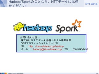 Copyright © 2016 NTT DATA Corporation
Hadoop/Sparkのことなら、NTTデータにお任せくだ
さい
お問い合わせ先：
株式会社ＮＴＴデータ 基盤システム事業本部
OSSプロフェッショナルサービス
URL: http：//oss.nttdata.co.jp/hadoop
メール： hadoop@kits.nttdata.co.jp TEL： 050-5546-2496
 