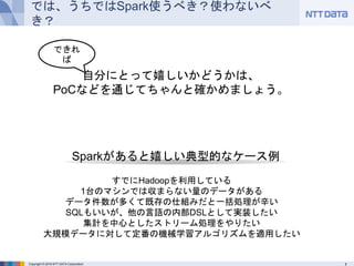 Copyright © 2016 NTT DATA Corporation
では、うちではSpark使うべき？使わないべき？
自分にとって嬉しいかどうかは、
PoCなどを通じてちゃんと確かめましょう。
すでにHadoopを利用している
1台のマシンでは収まらない量のデータがある
データ件数が多くて既存の仕組みだと一括処理が辛い
SQLもいいが、他の言語の内部DSLとして実装したい
集計を中心としたストリーム処理をやりたい
大規模データに対して定番の機械学習アルゴリズムを適用したい
できれば
Sparkがあると嬉しい典型的なケース例
 