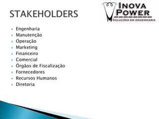  Engenharia
 Manutenção
 Operação
 Marketing
 Financeiro
 Comercial
 Órgãos de Fiscalização
 Fornecedores
 Recursos Humanos
 Diretoria
 