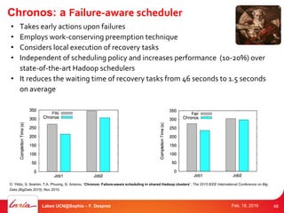 Chronos: a Failure-aware scheduler
• Takes early actions upon failures
• Employs work-conserving preemption technique
• Considers local execution of recovery tasks
• Independent of scheduling policy and increases performance (10-20%) over
state-of-the-art Hadoop schedulers
• It reduces the waiting time of recovery tasks from 46 seconds to 1.5 seconds
on average
O. Yildiz, S. Ibrahim, T.A. Phuong, G. Antoniu. “Chronos: Failure-aware scheduling in shared Hadoop clusters”, The 2015 IEEE International Conference on Big
Data (BigData 2015), Nov 2015.
48Labex UCN@Sophia – F. Desprez Feb. 18, 2016
 