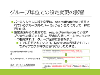 グループ単位での設定変更の影響
 パーミッションの設定変更は、AndroidManifestで宣言さ
れているグループ内のパーミッション全てに対して一律に
行われる
 設定画面からの変更でも、requestPermissionsによるア
プリからの要求でも同じ。要求は引数にパーミッションを
一つ指定すれば、グループ全体に影響が及ぶ
 すでに許可されていたり、Never askが設定されてい
てダイアログが呼び出されなかったりする。
<use-permission android:name=“android.permission. READ_CONTACTS”>
<use-permission android:name=“android.permission. WRITE_CONTACTS”>①AndroidManifestでの宣
言
<pkg name="com.sample.sample">
<item name="android.permission. READ_CONTACTS" granted="true" flags="0" />
<item name="android.permission. WRITE_CONTACTS" granted="true" flags="0" />
</pkg>
③パーミッションの許可状況
/data/system/user/{userId}/runtime-permissions.xml
requestPermissions(new String[]{Manifest.permission.READ_CONTACTS},
REQUEST_READ_CONTACTS);②アプリ内でのパーミッション要求
 