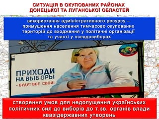 СИТУАЦІЯ В ОКУПОВАНИХ РАЙОНАХСИТУАЦІЯ В ОКУПОВАНИХ РАЙОНАХ
ДОНЕЦЬКОЇ ТА ЛУГАНСЬКОЇ ОБЛАСТЕЙДОНЕЦЬКОЇ ТА ЛУГАНСЬКОЇ ОБЛАСТЕЙ
створення умов для недопущення українськихстворення умов для недопущення українських
політичних сил до виборів до т.зв. органів владиполітичних сил до виборів до т.зв. органів влади
квазідержавних утвореньквазідержавних утворень
використання адміністративного ресурсу –використання адміністративного ресурсу –
примушення населення тимчасово окупованихпримушення населення тимчасово окупованих
територій до входження у політичні організаціїтериторій до входження у політичні організації
та участі у псевдовиборахта участі у псевдовиборах
 
