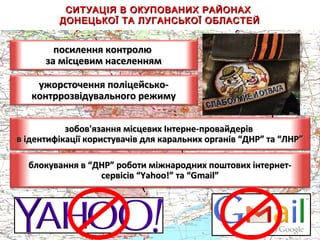 СИТУАЦІЯ В ОКУПОВАНИХ РАЙОНАХСИТУАЦІЯ В ОКУПОВАНИХ РАЙОНАХ
ДОНЕЦЬКОЇ ТА ЛУГАНСЬКОЇ ОБЛАСТЕЙДОНЕЦЬКОЇ ТА ЛУГАНСЬКОЇ ОБЛАСТЕЙ
посилення контролюпосилення контролю
за місцевим населеннямза місцевим населенням
ужорсточення поліцейсько-ужорсточення поліцейсько-
контррозвідувального режимуконтррозвідувального режиму
зобов'язання місцевих Інтерне-провайдерівзобов'язання місцевих Інтерне-провайдерів
в ідентифікації користувачів для каральних органів “ДНР” та “ЛНР”в ідентифікації користувачів для каральних органів “ДНР” та “ЛНР”
блокування в “ДНР” роботи міжнародних поштових інтернет-блокування в “ДНР” роботи міжнародних поштових інтернет-
сервісів “сервісів “Yahoo!Yahoo!”” тата “Gmail”“Gmail”
 