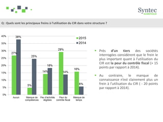 Q : Quels sont les principaux freins à l’utilisation du CIR dans votre structure ?
 Près d’un tiers des sociétés
interrogées considèrent que le frein le
plus important quant à l’utilisation du
CIR est la peur du contrôle fiscal (+ 15
points par rapport à 2014).
 Au contraire, le manque de
connaissance n’est clairement plus un
frein à l’utilisation du CIR ( - 20 points
par rapport à 2014).
 