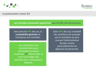 Les contrôles concernent aujourd’hui plus de 60% des déclarations.
Dans près de 70% des cas, la
comptabilité générale de
l’entreprise est contrôlée.
Dans 60% des cas, la totalité
des synthèses est analysée
par le contrôleur (le plus
souvent l’administration
fiscale), et plus
particulièrement les
dépenses de personnel.
Les entreprises sont
honnêtes dans leurs
déclarations puisque
seulement 3% d’entre elles se
sont vues infliger des
pénalités pour manquement
délibéré.
Les grands points à retenir 2/2
 