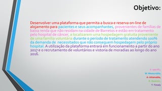 Objetivo:
Desenvolver uma plataforma que permita a busca e reserva on-line de
alojamento para pacientes e seus acompanhantes, provenientes de famílias de
baixa renda que não residam na cidade de Barretos e estão em tratamento
pelo hospital de câncer, a localizarem uma hospedagem gratuita proveniente
de uma família voluntária durante o período de tratamento atendendo 100%
da demanda de necessitados que não conseguem hospedagem pelo próprio
hospital. A utilização da plataforma entrará em funcionamento a partir do ano
2017 e o recrutamento de voluntários e vistoria de moradias ao longo do ano
2016.
S- specific;
M- Measurable;
A- Attainable;
R- Realistic;
T-Timely
 
