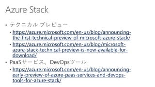 https://azure.microsoft.com/en-us/blog/announcing-
the-first-technical-preview-of-microsoft-azure-stack/
https://azure.microsoft.com/en-us/blog/microsoft-
azure-stack-technical-preview-is-now-available-for-
download/
https://azure.microsoft.com/en-us/blog/announcing-
early-preview-of-azure-paas-services-and-devops-
tools-for-azure-stack/
 
