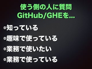 使う側の人に質問
GitHub/GHEを...
知っている
趣味で使っている
業務で使いたい
業務で使っている
 