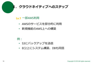Copyright © 2016 All rights reserved.13
Ⅱ．クラウドネイティブへのステップ
• AWSのサービスを部分的に利用
• 新規機能のAWS上への構築
一部AWS利用
例：
• S3にバックアップを送信
• EC2上にシステム構築、DBも同居
Lv.1
 